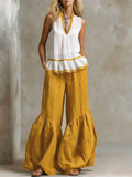 Color-blocked V-neck Ruffled Sleeveless Top And Wide-leg Cotton-linen Set