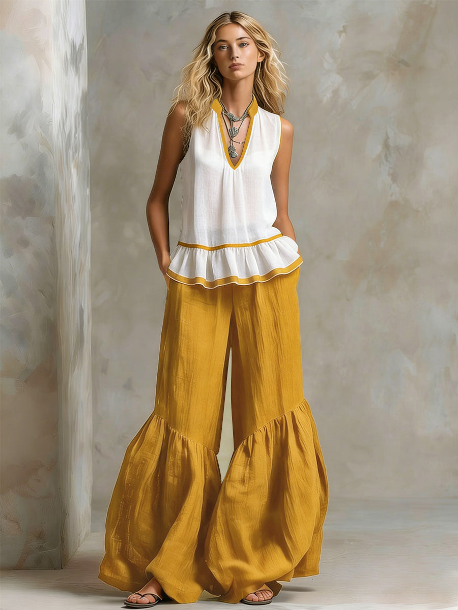 Colour-blocked V-neck Ruffled Sleeveless Top And Wide-leg Cotton-linen Set