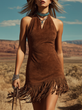Bohemian Western-Style Halter Tassel Design Faux Suede Mini Dress