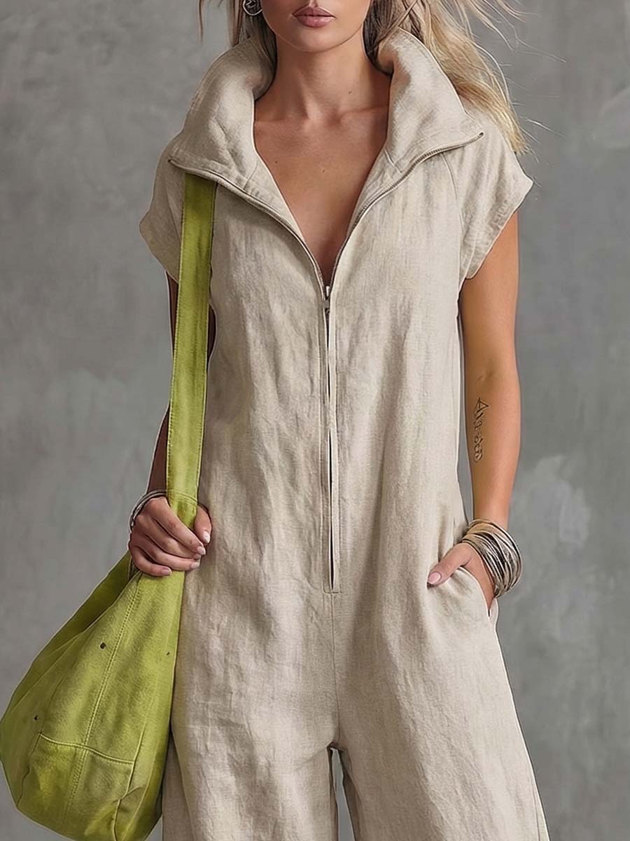 Casual Simple Versatile Lapel Front Zipper Natural-Colour Cotton-Linen Jumpsuit