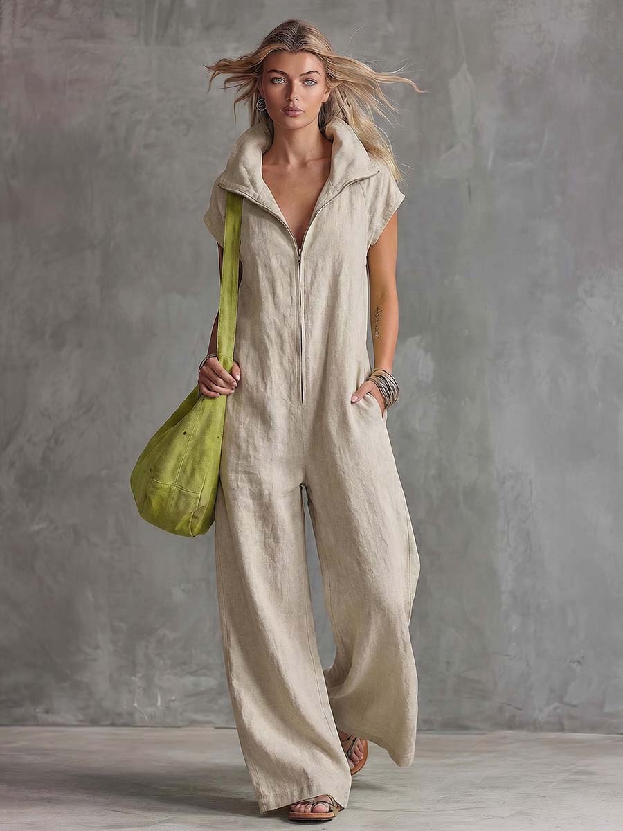 Casual Simple Versatile Lapel Front Zipper Natural-Colour Cotton-Linen Jumpsuit