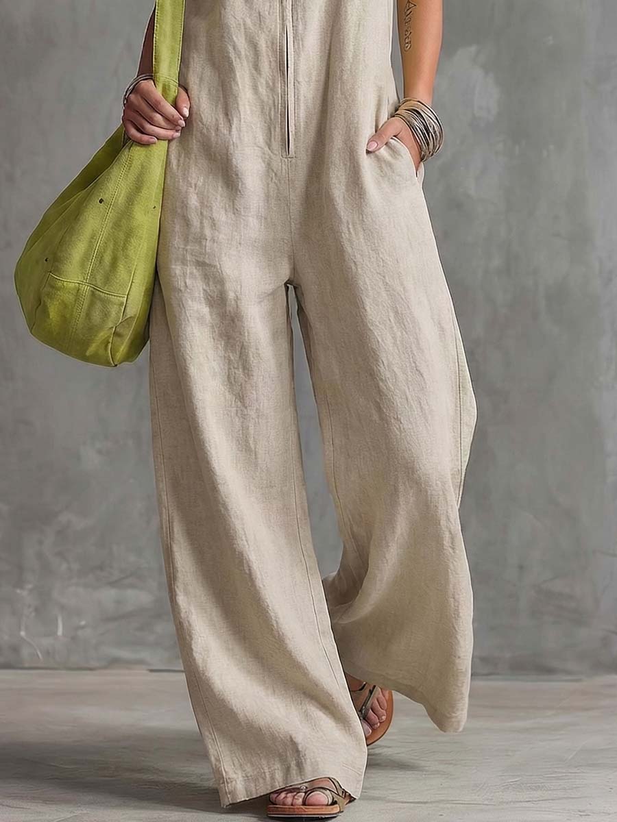 Casual Simple Versatile Lapel Front Zipper Natural-Colour Cotton-Linen Jumpsuit