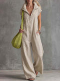 Casual Simple Versatile Lapel Front Zipper Natural-Colour Cotton-Linen Jumpsuit