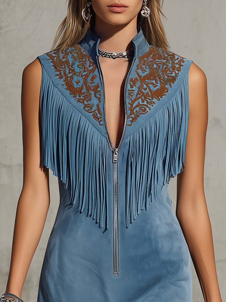 Retro Western-Style Zip Stand Collar Embroidery Fringe Faux Suede Midi Dress