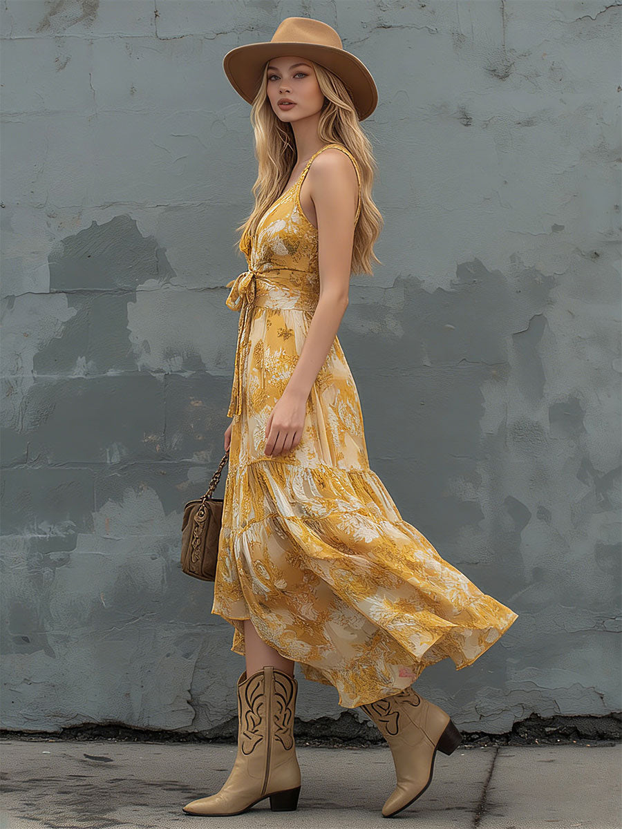 Fashionable Retro Printed Yellow V-neck Sleeveless Chiffon Midi Dress
