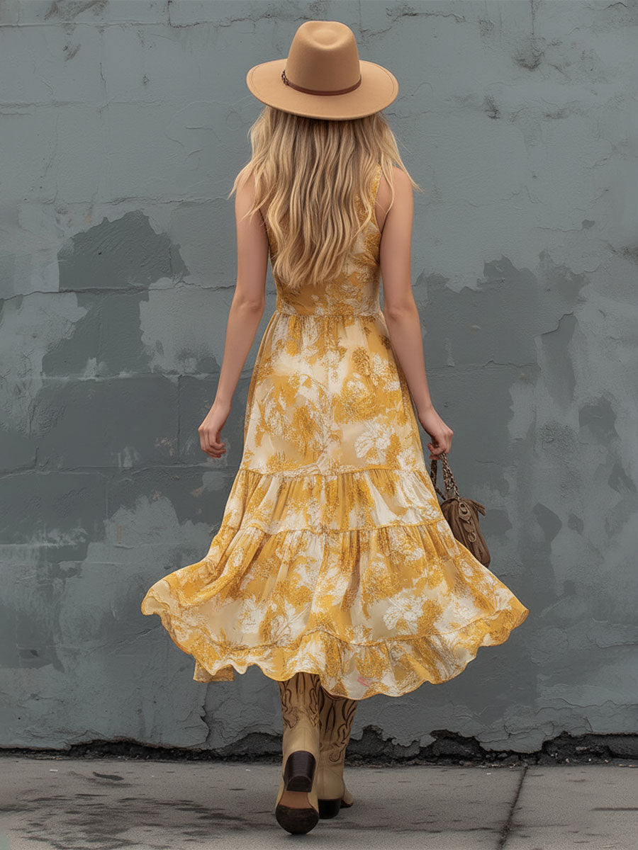 Fashionable Retro Printed Yellow V-neck Sleeveless Chiffon Midi Dress