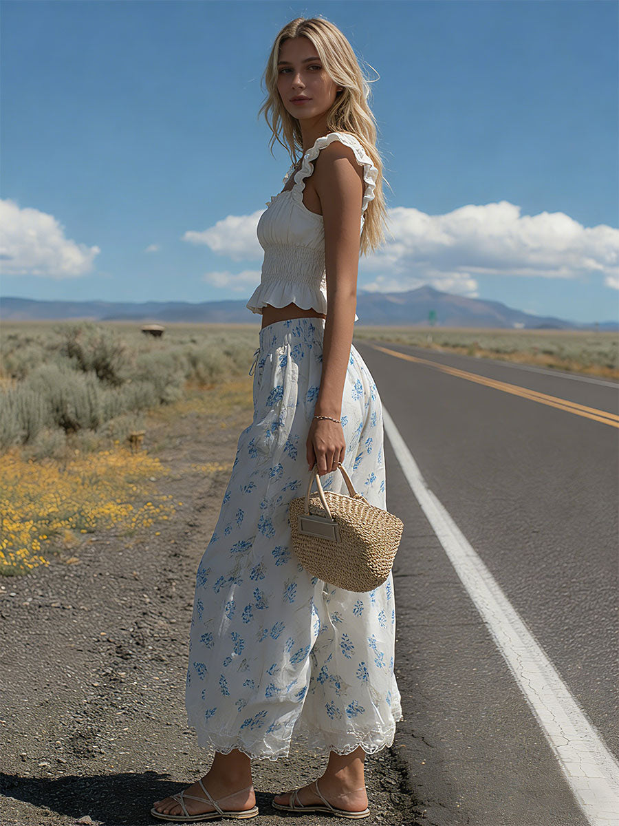 Western-style Retro Lace Ruffled White Sleeveless Top and Printed Wide-leg Trousers Set