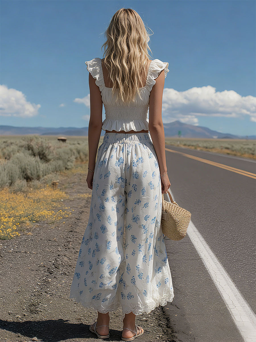Western-style Retro Lace Ruffled White Sleeveless Top and Printed Wide-leg Trousers Set