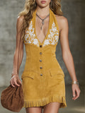 Halter Neck Embroidered Sleeveless Faux Suede Mini Dress