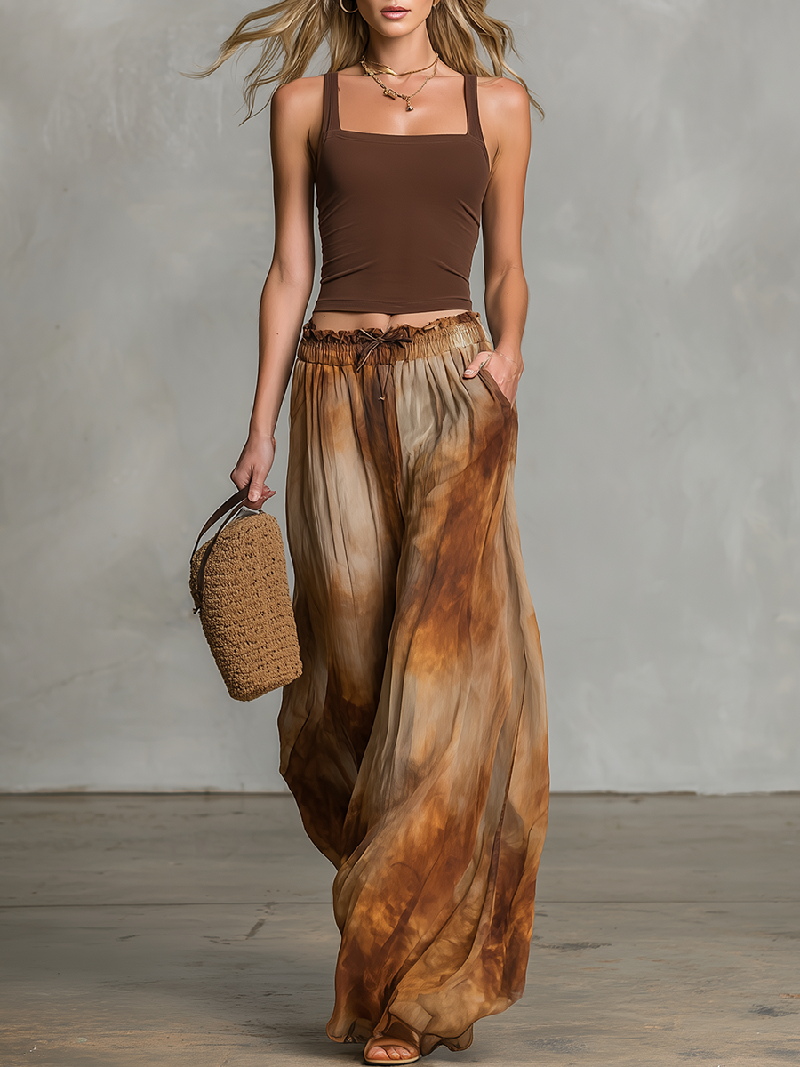 Stylish and Casual Sleeveless Square Neck Top and Printed Chiffon Trousers Set