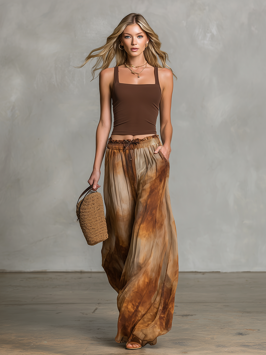 Stylish and Casual Sleeveless Square Neck Top and Printed Chiffon Trousers Set