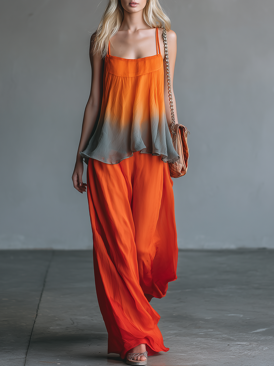 Retro-chic Sleeveless A-line Gradient Top and Trousers Chiffon Set