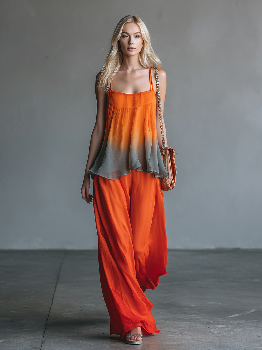 Retro-chic Sleeveless A-line Gradient Top and Trousers Chiffon Set