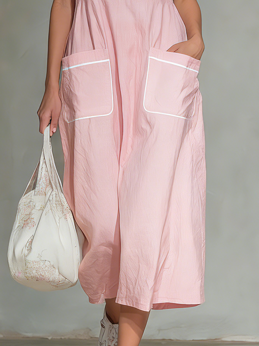 Casual and Comfortable Sleeveless Collared Pocket Midi Dress
