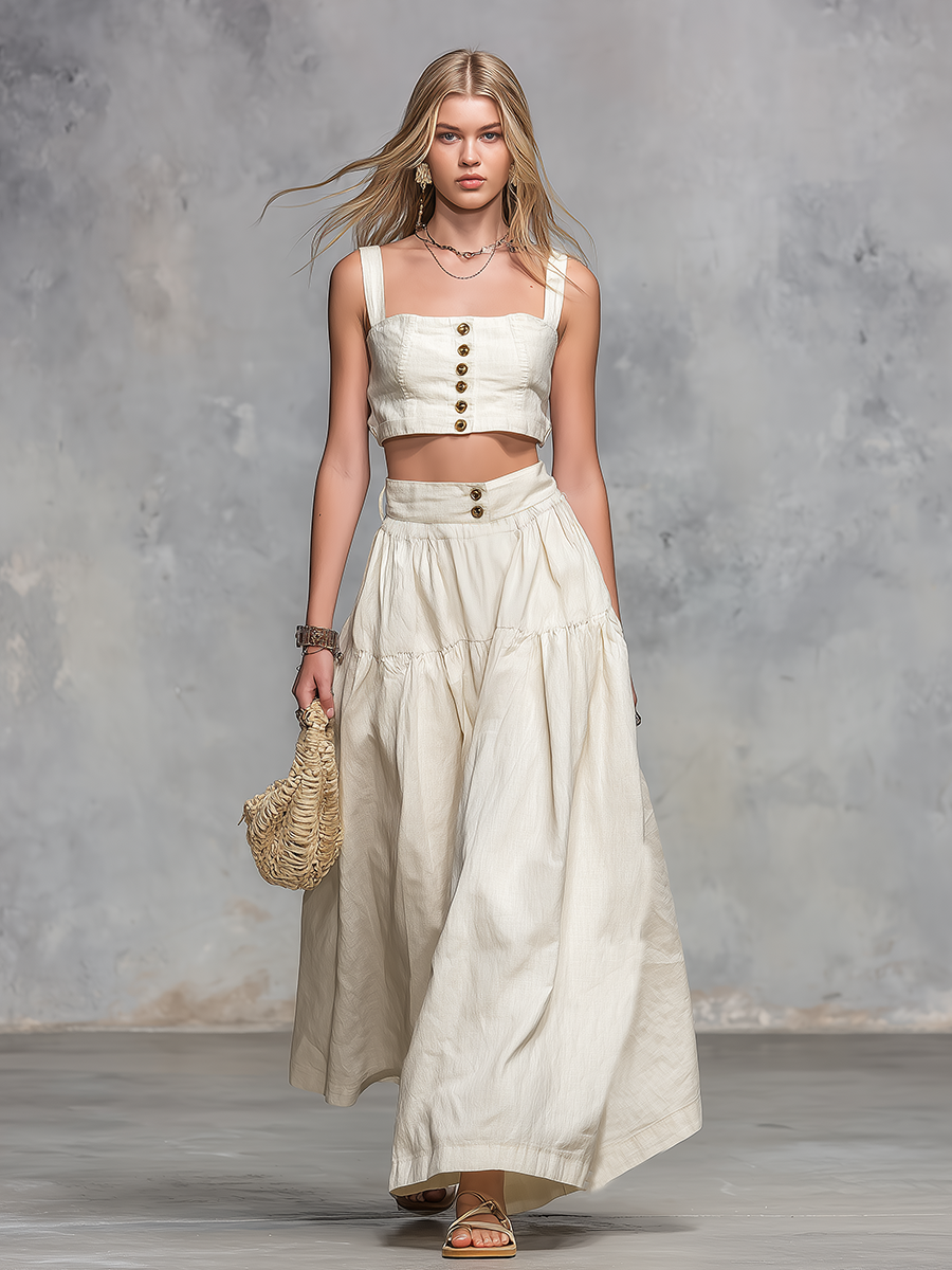 Casual and Stylish Square-neck Sleeveless Cropped Top and Long Skirt Set