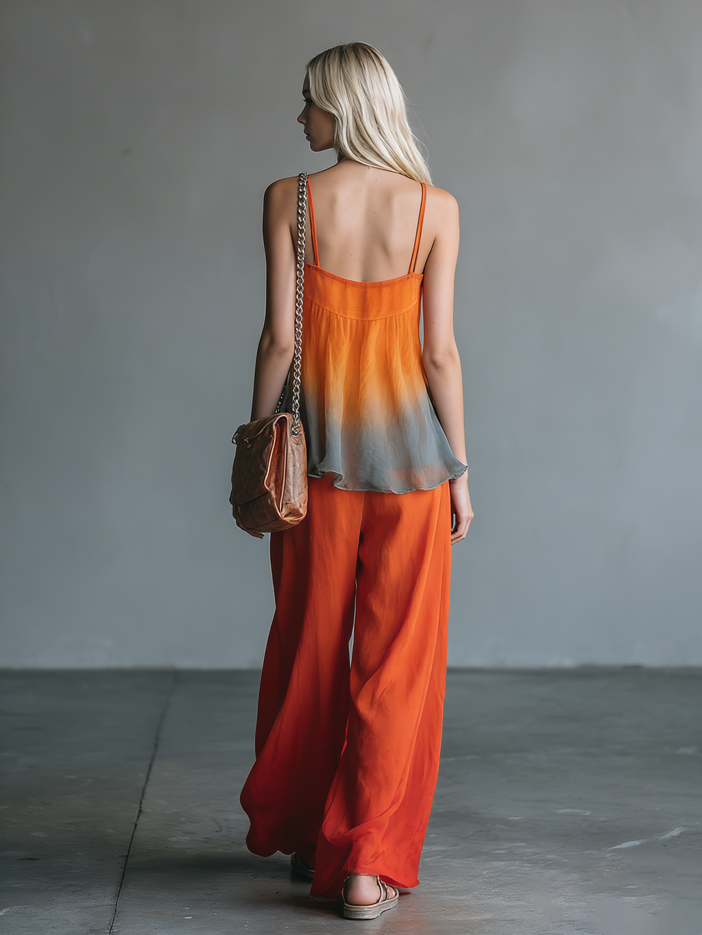 Retro-chic Sleeveless A-line Gradient Top and Trousers Chiffon Set