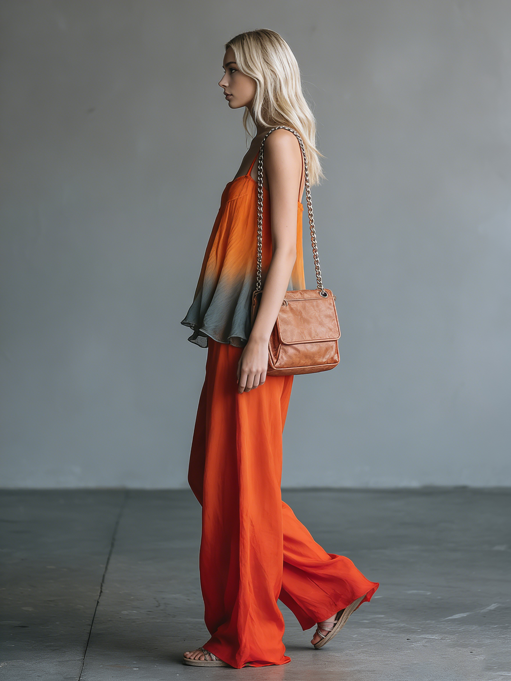 Retro-chic Sleeveless A-line Gradient Top and Trousers Chiffon Set