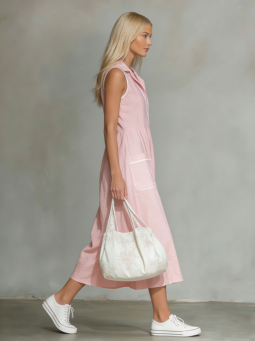 Casual and Comfortable Sleeveless Collared Pocket Midi Dress