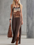 Retro Sporty Print Brown Pure Cotton Sleeveless Maxi Dress