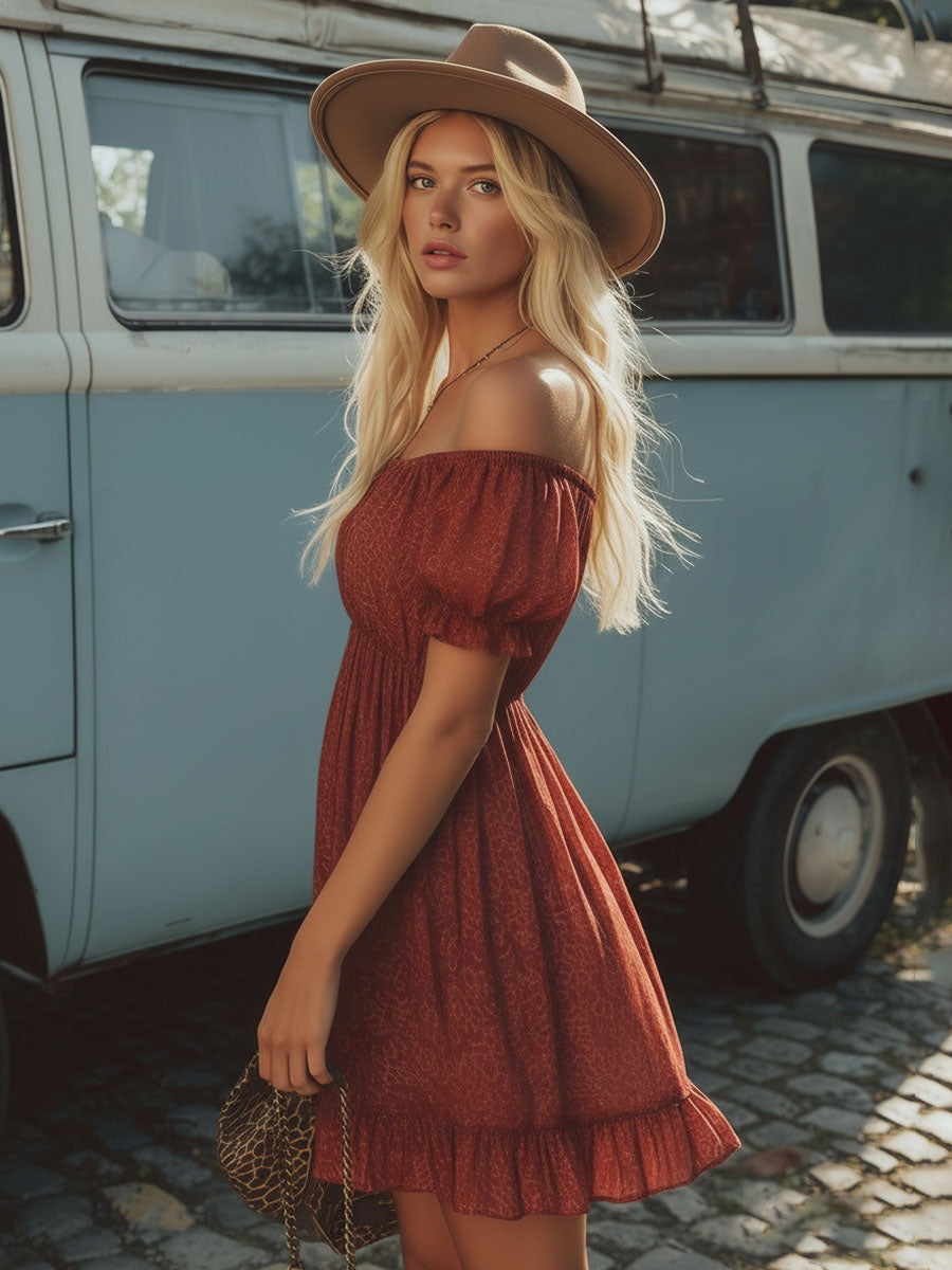 Retro Textured Printed Off-Shoulder Short-Sleeved Chiffon Mini Dress