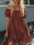 Retro Textured Printed Off-shoulder Short-sleeved Chiffon Mini Dress
