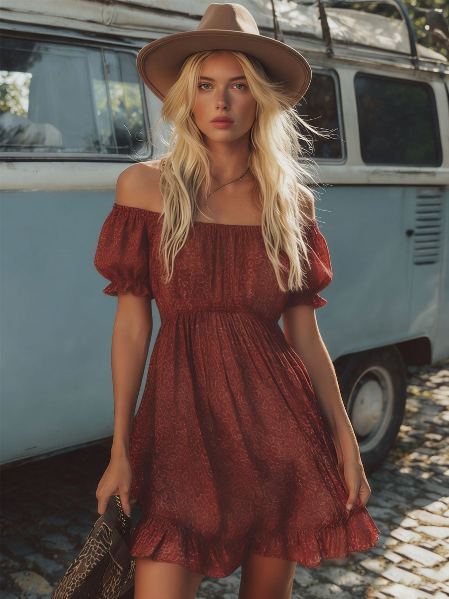 Retro Textured Printed Off-Shoulder Short-Sleeved Chiffon Mini Dress