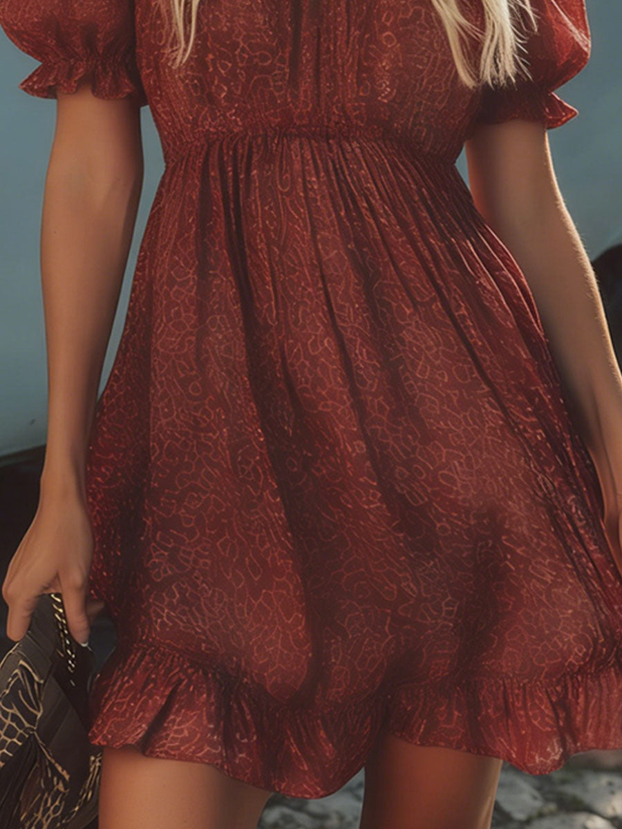 Retro Textured Printed Off-Shoulder Short-Sleeved Chiffon Mini Dress