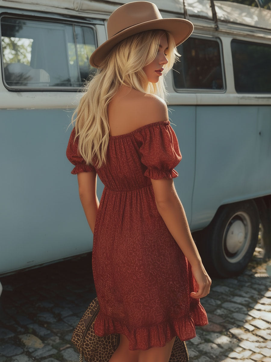 Retro Textured Printed Off-Shoulder Short-Sleeved Chiffon Mini Dress