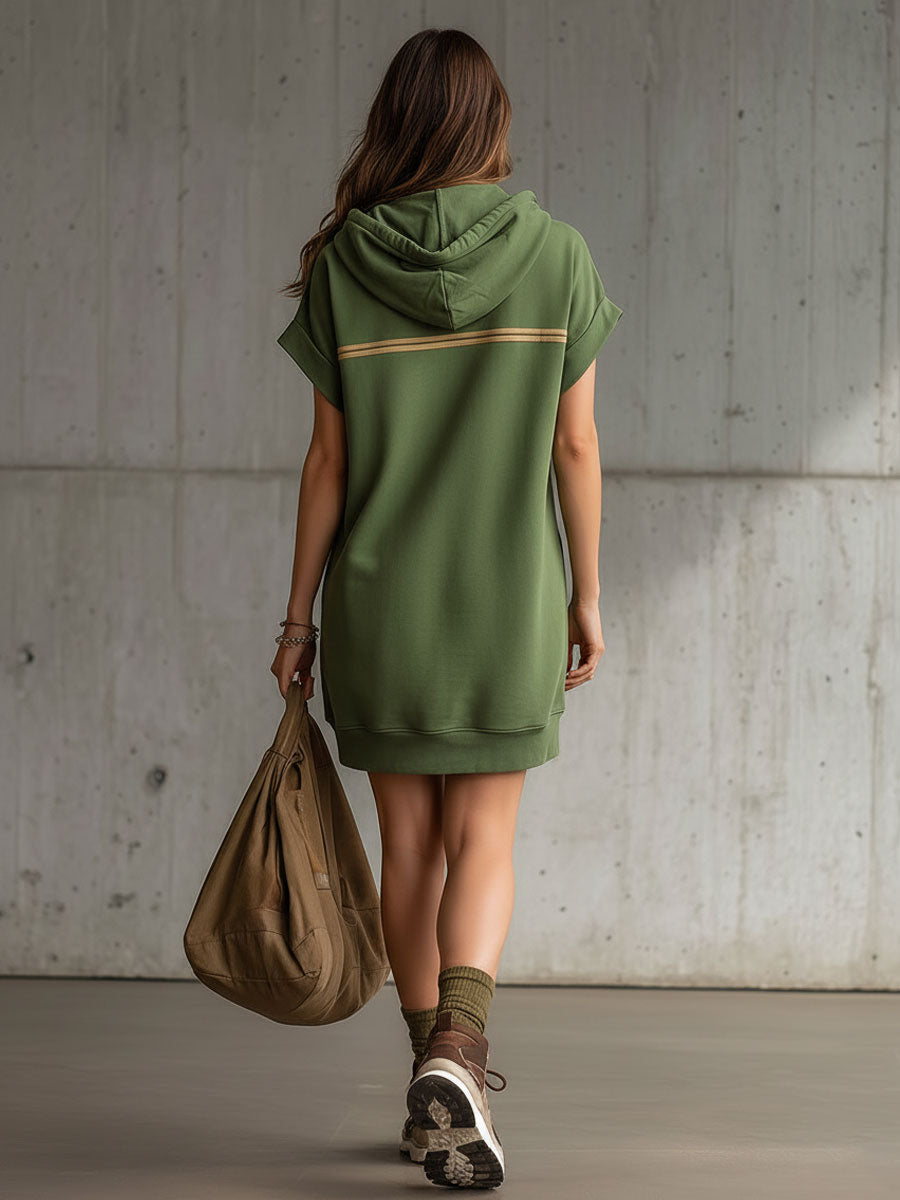 Sporty Retro Green Cotton Hooded Sweatshirt Style Short-sleeved Mini Dress