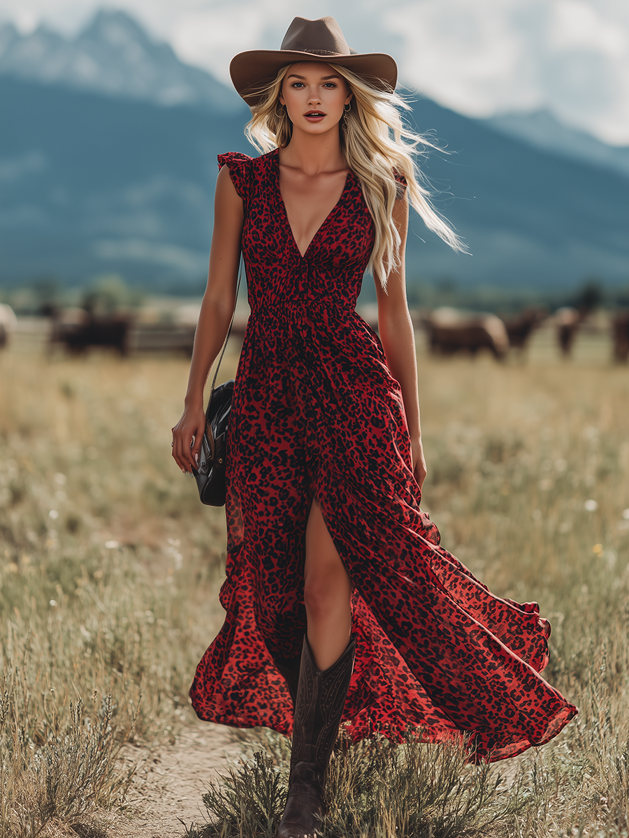 Western Bohemian Style V-neck Leopard Print Sleeveless Chiffon Maxi Dress