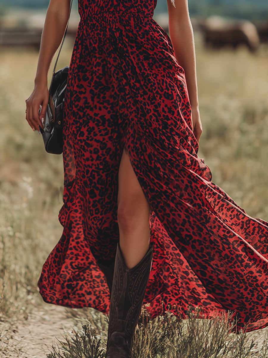 Western Bohemian Style V-neck Leopard Print Sleeveless Chiffon Maxi Dress
