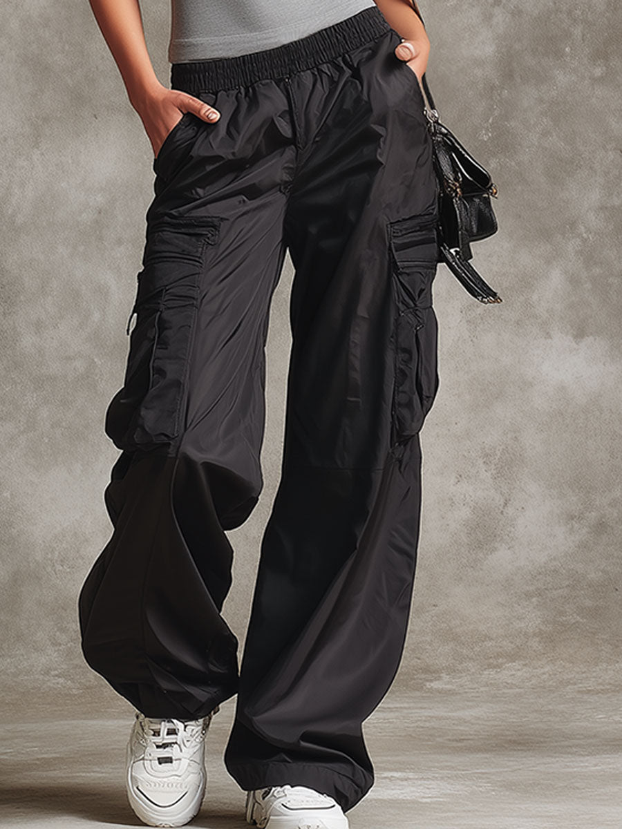 Casual Retro Lace-trimmed Grey Sleeveless T-shirt and Black Cargo Pants Set