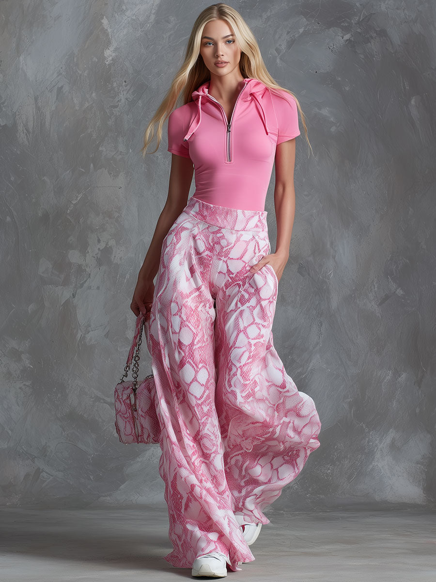 Retro Casual Pink Hooded Short-sleeved T-shirt and Snakeskin Chiffon Wide-leg Trousers Set