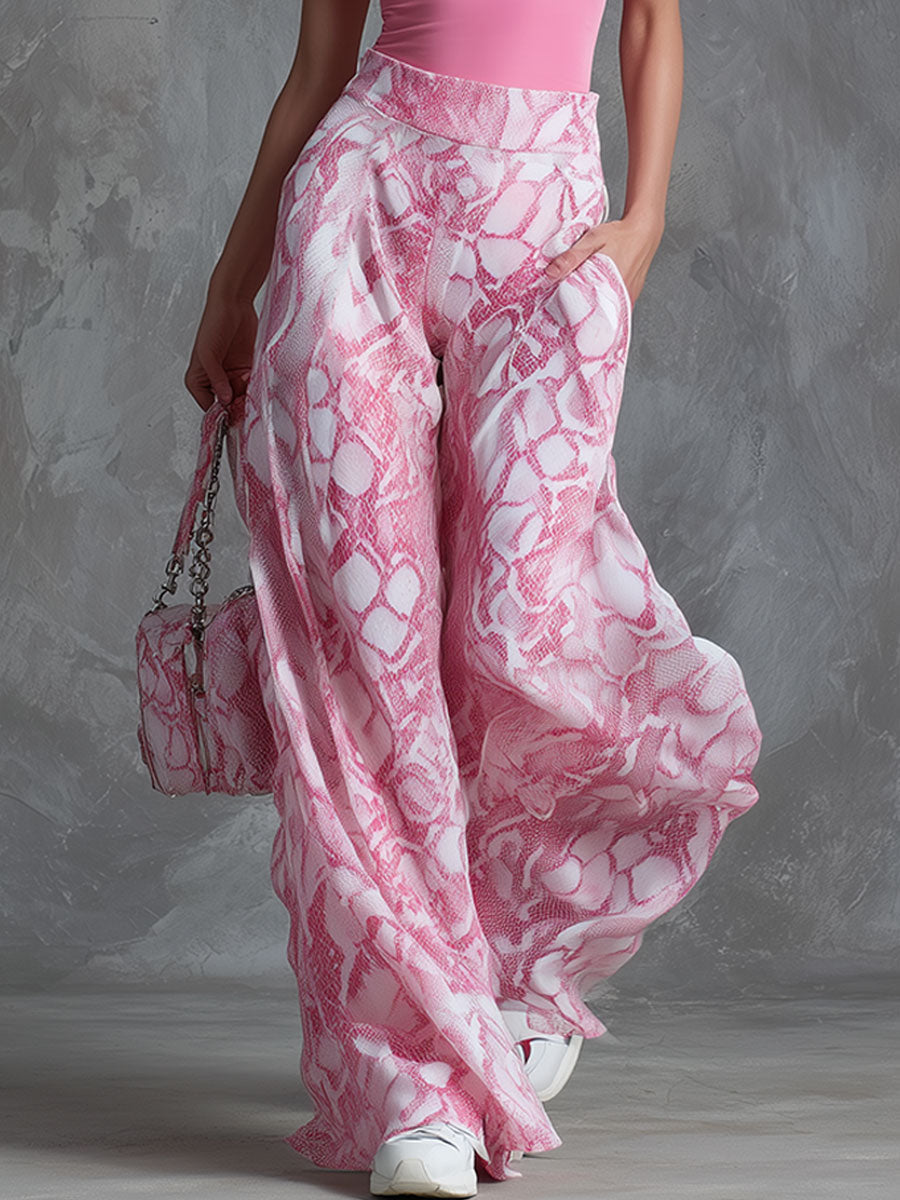 Retro Casual Pink Hooded Short-sleeved T-shirt and Snakeskin Chiffon Wide-leg Trousers Set