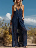 Retro Bohemian Navy Blue Lace Oversized Sleeveless Jumpsuit