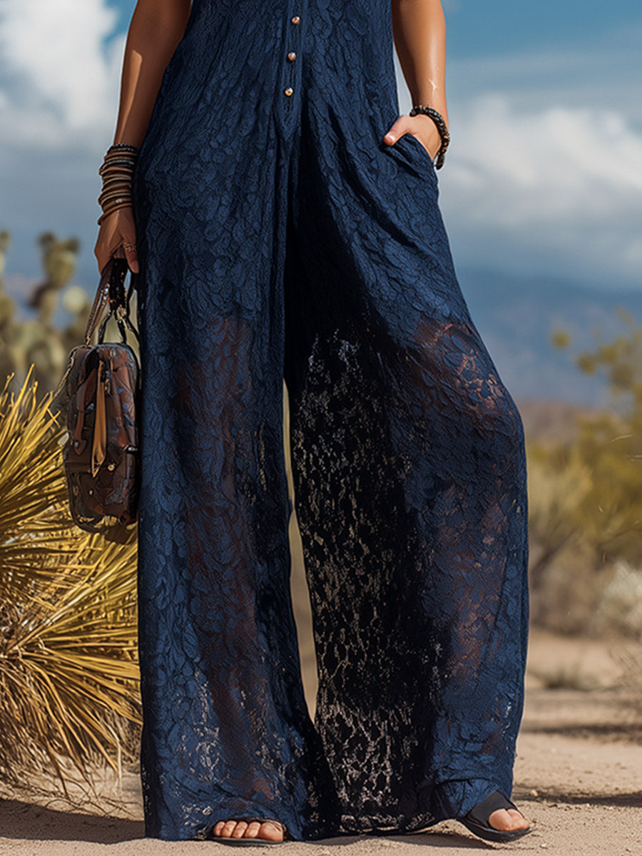 Retro Bohemian Navy Blue Lace Oversized Sleeveless Jumpsuit