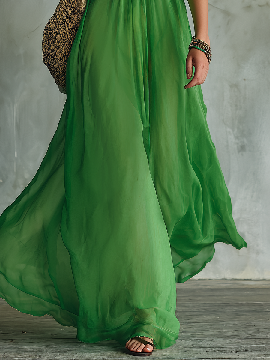 Elegant and Relaxed V-neck Sleeveless A-line Solid Colour Chiffon Long Dress