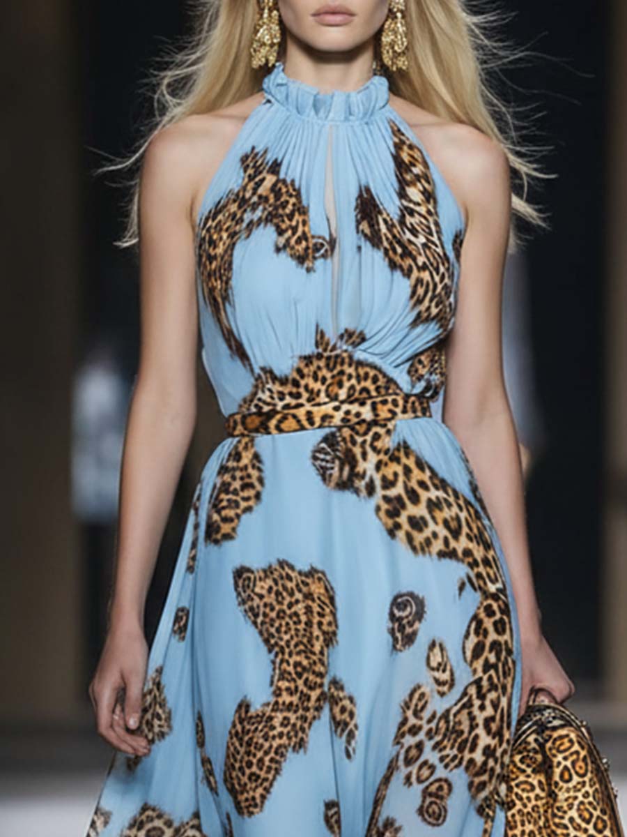 Retro Flowy Vacation Leopard Print Sky Blue Chiffon Halter Maxi Dress