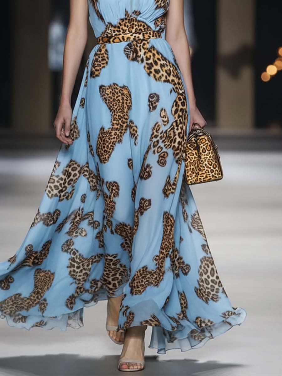 Retro Flowy Vacation Leopard Print Sky Blue Chiffon Halter Maxi Dress