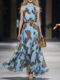 Retro Flowy Vacation Leopard Print Sky Blue Chiffon Halter Maxi Dress