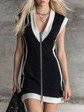 Sporty Retro Color-Block V-Neck Sleeveless Zip Front Mini Dress