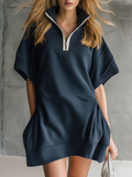 Athletic-Casual Half-Zip Stand-Collar Short-Sleeve Mini Dress