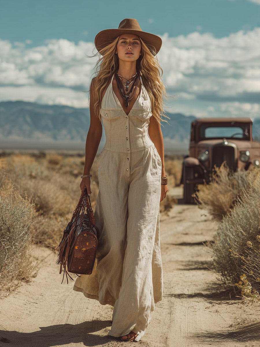 Retro Western-Style Beige Cotton-Linen Sleeveless Wide-Leg Jumpsuit