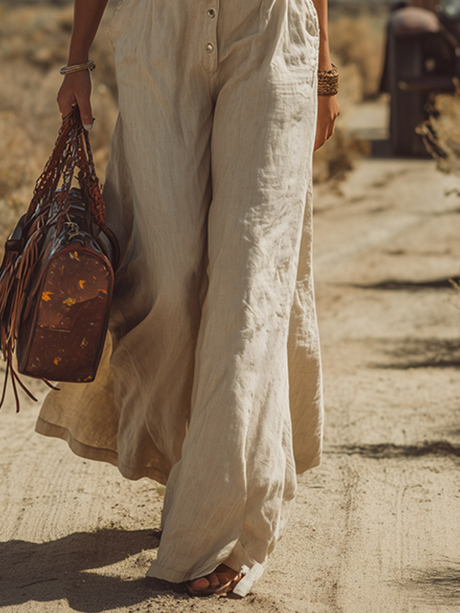 Retro Western-Style Beige Cotton-Linen Sleeveless Wide-Leg Jumpsuit