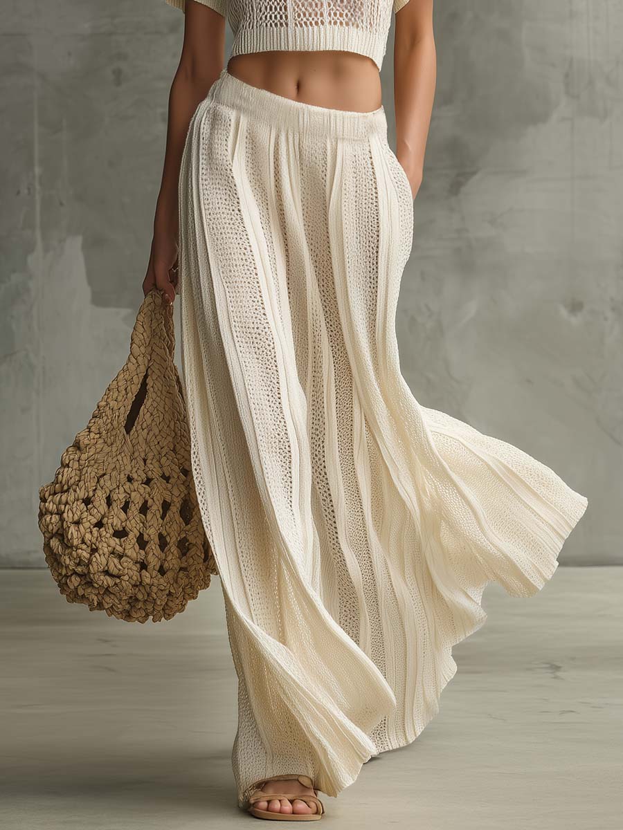 Breathable Stylish Vacation Cream Open-Knit Crewneck Top and Maxi Skirt Set