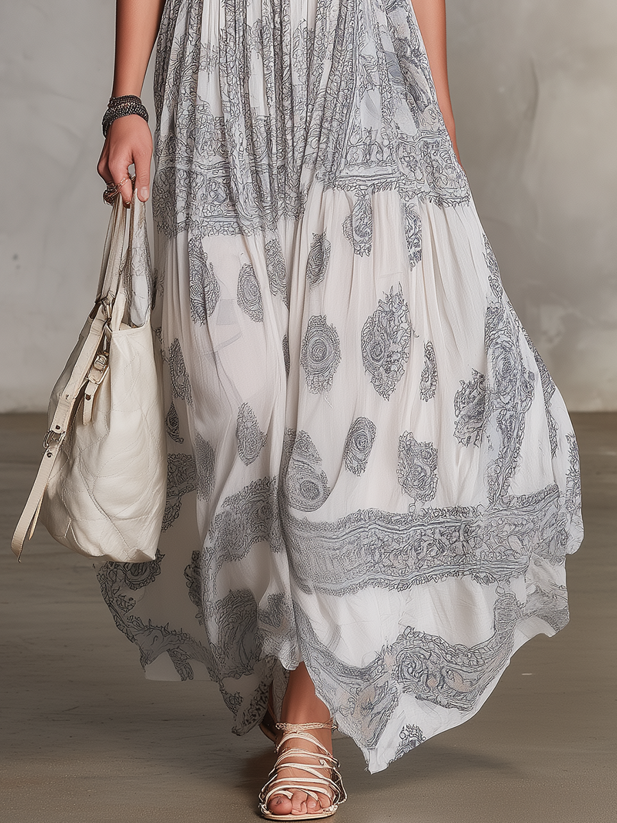 Casual and Relaxed Sleeveless Round Neck Ethnic Print Chiffon Long Dress
