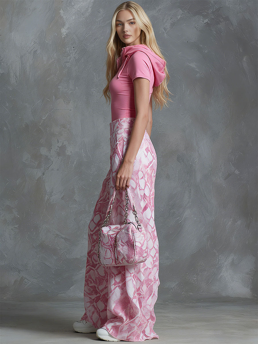 Retro Casual Pink Hooded Short-sleeved T-shirt and Snakeskin Chiffon Wide-leg Pants Set