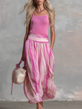 Retro-style Knitted Camisole Top and Printed Chiffon Skirt Set