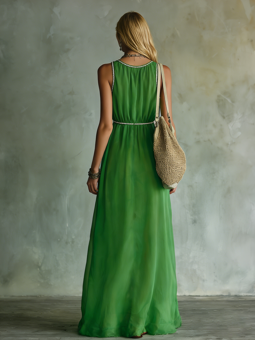Elegant and Relaxed V-neck Sleeveless A-line Solid Colour Chiffon Long Dress