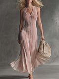 Retro Flowy Vacation Pink Breathable Open-Knit V-Neck Maxi Dress